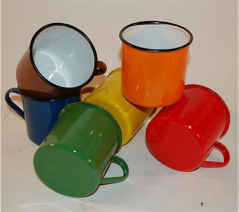 six vintage enamel mugs camping kitchen use