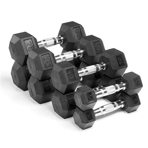 WorkoutHealthy: Rubber Hex Dumbbell Weight Set, Pair of 5 , 10, 15, 20 lbs., 6-Sided Flat Head ...