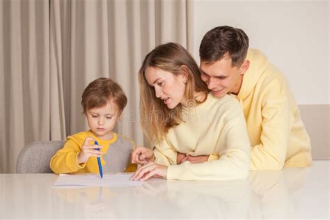 Cheerful Smiling Family, Parents in Yellow Clothes, Mom and Dad with Son Painting Stock Image ...