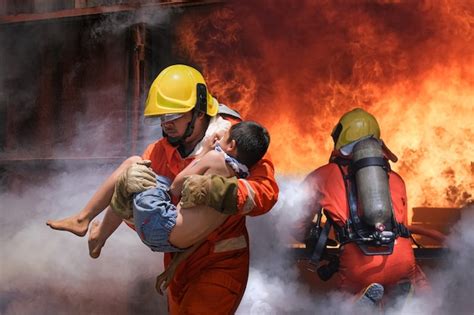 Premium Photo | Firefighter holding child boy to save him in fire and smoke.