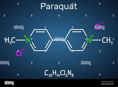 Paraquat, methyl viologen molecule. It is herbicide, pesticide. Structural chemical, dark blue ...