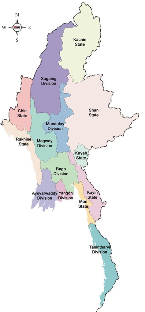 Myanmar states and regions map - Map of Myanmar states and regions ...