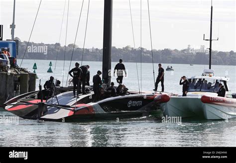 New Zealand's America's Cup AC75 boat and crew leave their base at Auckland's Viaduct Harbour ...