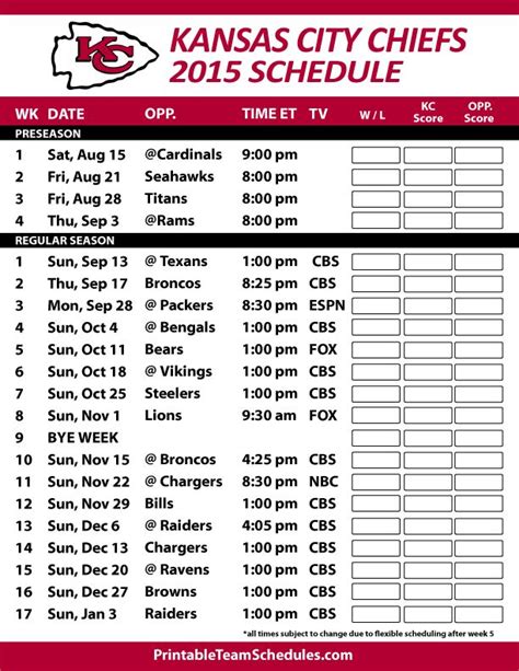 Chiefs Schedule Printable