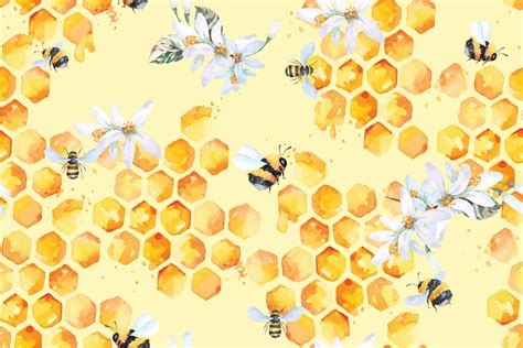 seamless pattern of bees and honeycomb and flowers with watercolor.Honey background. Designed ...