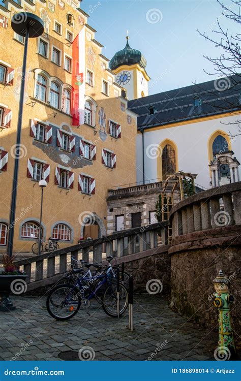 Facade of Ancient Historical Traditional House with Town Flag in ...