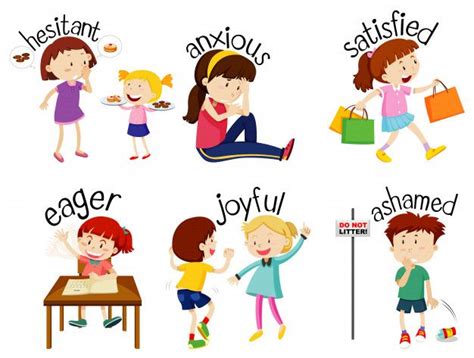 Free Vector | Set of adjective words with children expressing their feelings | Adjective words ...