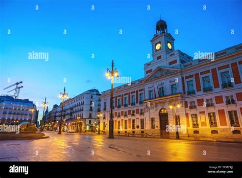 Madrid Spain, night city skyline at Puerta del Sol and Clock Tower of ...