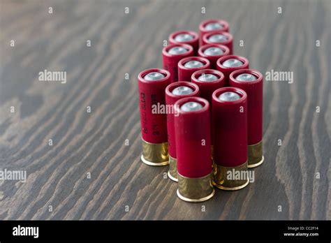 12 gauge shotgun shells on wooden surface Stock Photo - Alamy