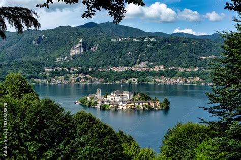 Orta lake with San Giulio island seen from the famous and picturesque ...