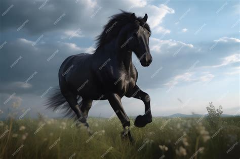 Premium AI Image | black horse running in a field Friesian stallion