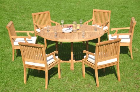 Teak Dining Set:6 Seater 7 Pc - 60" Round Table And 6 Sack Arm Chairs Outdoor Patio Grade-A Teak ...