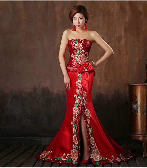 Chinese style Red Wedding dresses long design married chinese ...