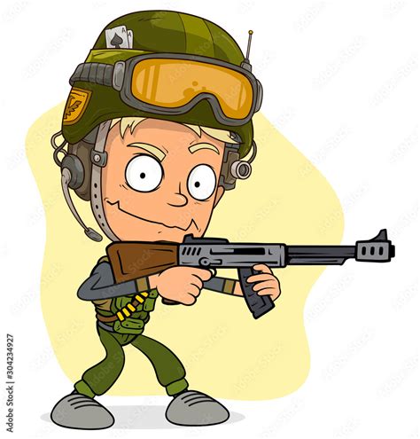 Cartoon cute funny army soldier with rifle in protective helmet ...