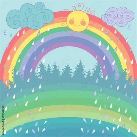 Colorful background with a rainbow, rain, sun in cartoon style Stock ...