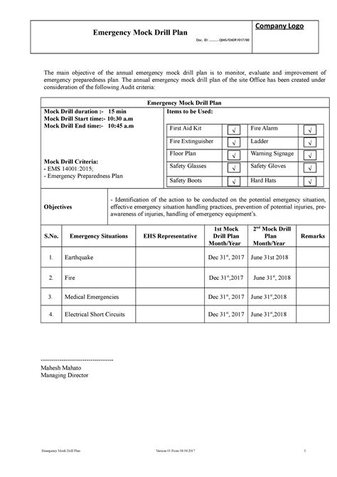 Emergency MOCK Drill PLAN - Emergency Mock Drill Plan Doc. ID ...