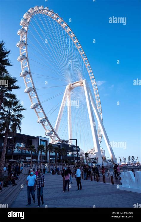 Beautiful view of Dubai eye with tourists and visitors captured at the Ain Dubai in Blue water ...