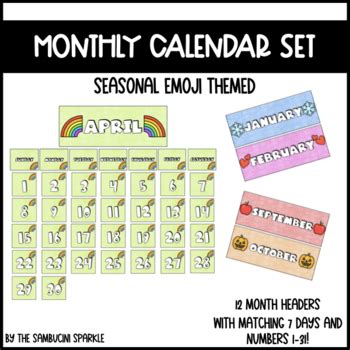 Monthly Calendar Set- Seasonal Emoji Themed by The Sambucini Sparkle