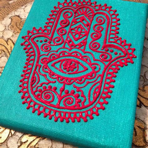 Red hamsa on turquoise mini canvas by Henna on Hudson Painting Canvases, Impasto Painting, Art ...