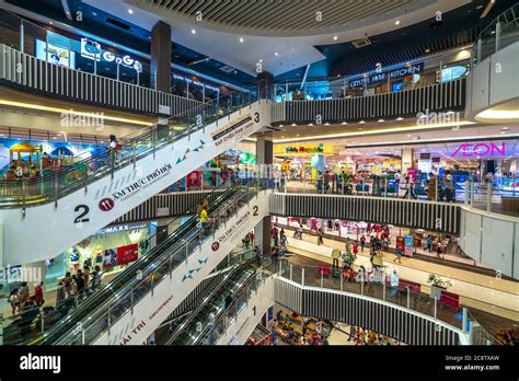 People at the AEON mall Binh Tan, top view. AEON mall shopping complex is the most popular ...