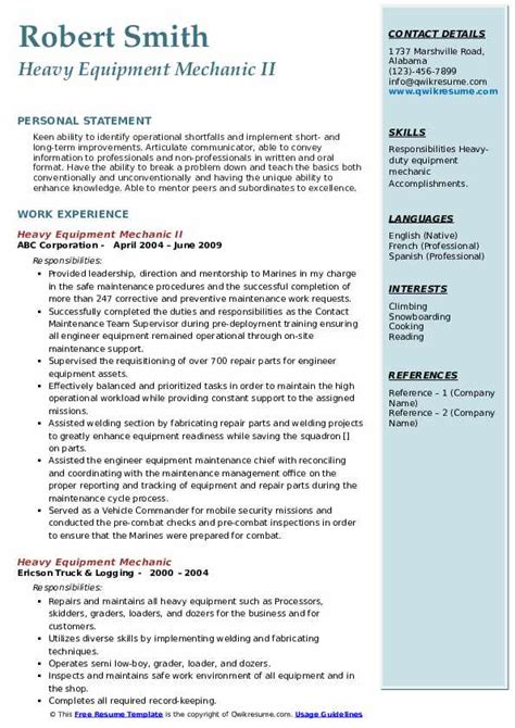 Heavy Equipment Mechanic Resume Samples | QwikResume