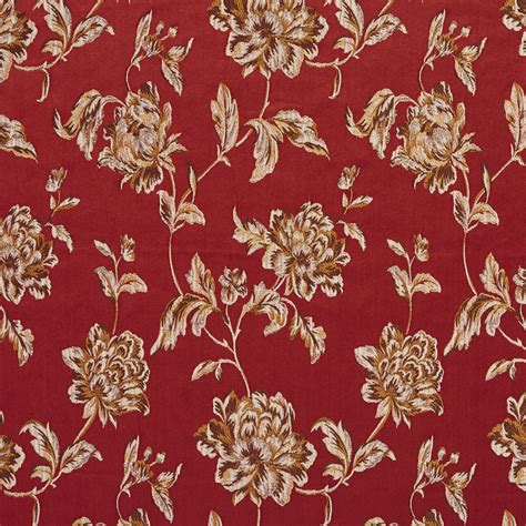 Red and Burgundy Heirloom Vintage Flower Pattern Brocade Upholstery Fabric