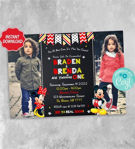 Mickey & Minnie Mouse Birthday Invitation Sibling Birthday - Etsy