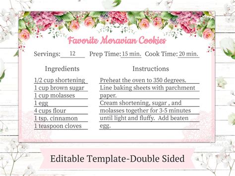 Floral Recipe Card Template, Recipe Card Custom, Recipe Template Fillable, Cute Recipe Cards for ...