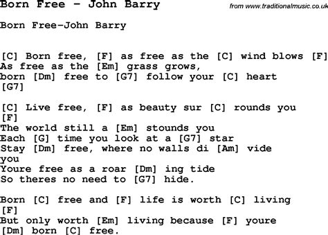 Song Born Free by John Barry, song lyric for vocal performance plus ...