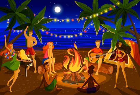 Young people at beach night party, cartoon characters around campfire ...