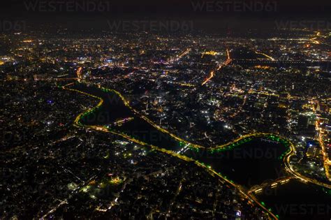 Aerial view of Dhaka cityscape and Gulshan lake at night, Dhaka ...