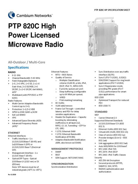 PTP 820C High Power Licensed Microwave Radio Specification Sheet | PDF ...