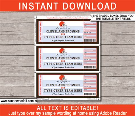 Cleveland Browns Game Ticket Gift Voucher | Printable Surprise Football Tickets