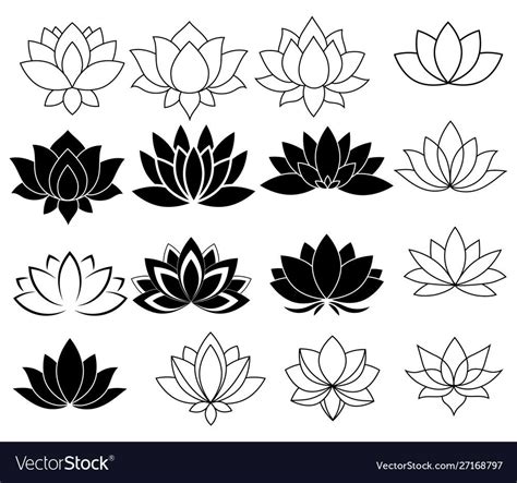 Set of stylized lotuses. Collection of lotus flowers for a logo. Black white vector illustratio ...