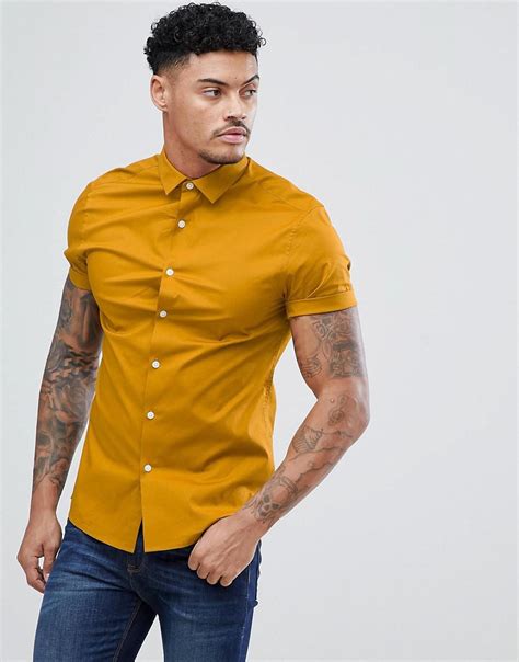 ASOS Skinny Shirt In Mustard With Short Sleeves in Yellow for Men | Lyst UK