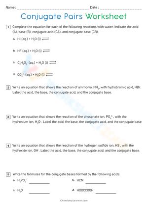 Conjugate Acid Base Pairs worksheets