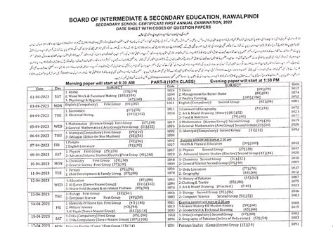 BISE Rawalpindi Board 10th Class 1st Annual Exam Date Sheet 2023