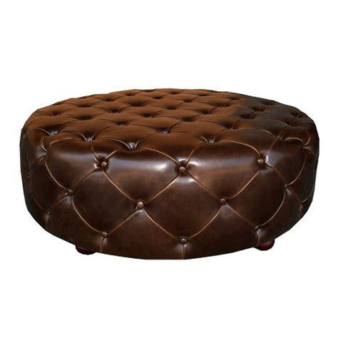 Soho Tufted Round Ottoman- Brown Leather | Zin Home