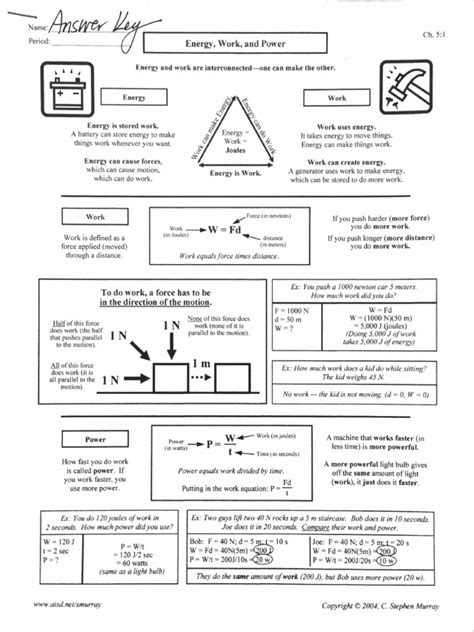 energy work power worksheet answer key