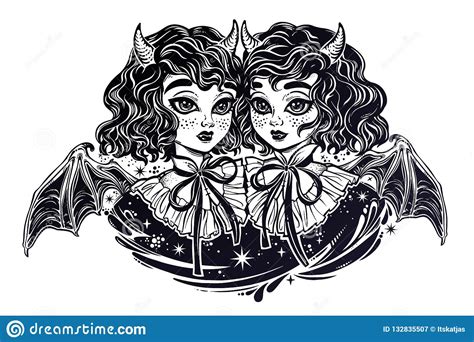 Gothic Victorian Twin Witch Demon Vampire Girls Heads Portrait. Stock ...