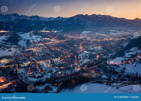 Beautiful Illuminated Zakopane City after Dusk in Winter, Aerial View ...