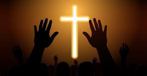 People raise their hands in front of the cross to pray. Many people worship God. 20289677 Vector ...