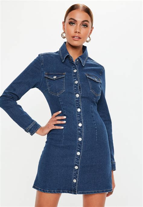 Missguided - Tall Blue Dark Wash Button Through Fitted Denim Dress ...