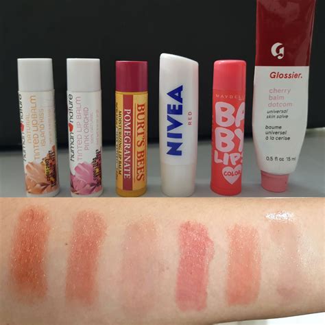 Tinted lip balms: Human Nature, Burt's Bees, Nivea, Maybelline, and Glossier (review in comments ...