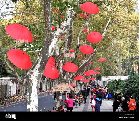 Chinese pedestrians walk under red umbrellas during a fallen leaves art ...