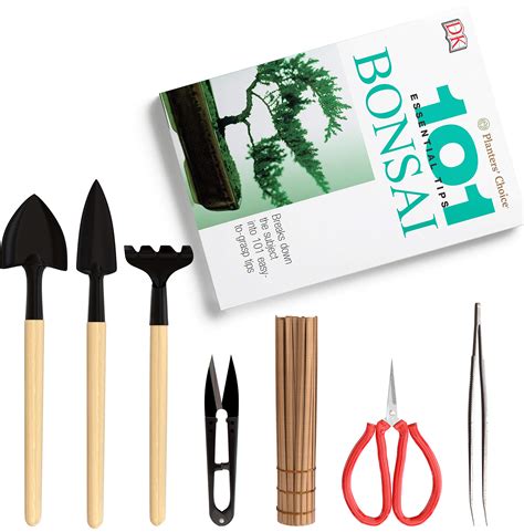 Premium Bonsai Tool Kit + Bonsai 101 Book - Set Includes: Wooden Rake, Long & Wide Spades ...