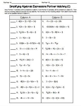 Simplifying Algebraic Expressions Partner Matching Activity ...