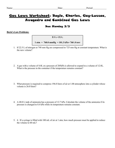 Boyle's Law And Charles Law Worksheet