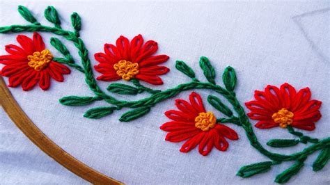 hand embroidery: flower border design | lazy daisy stitch | Sulaman