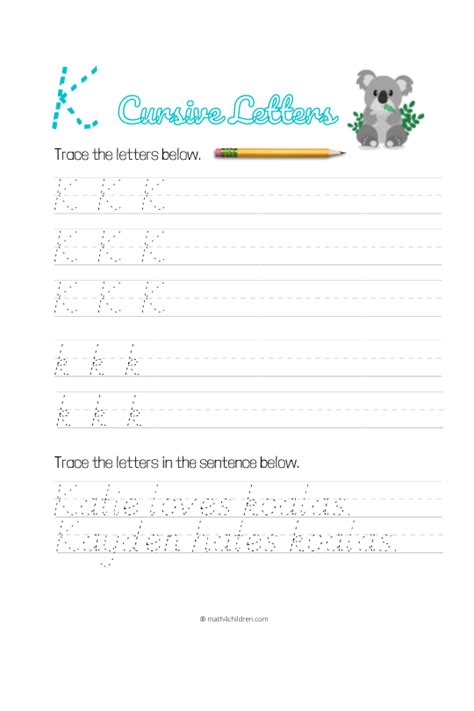 Cursive K worksheet - Cursive handwriting letter K